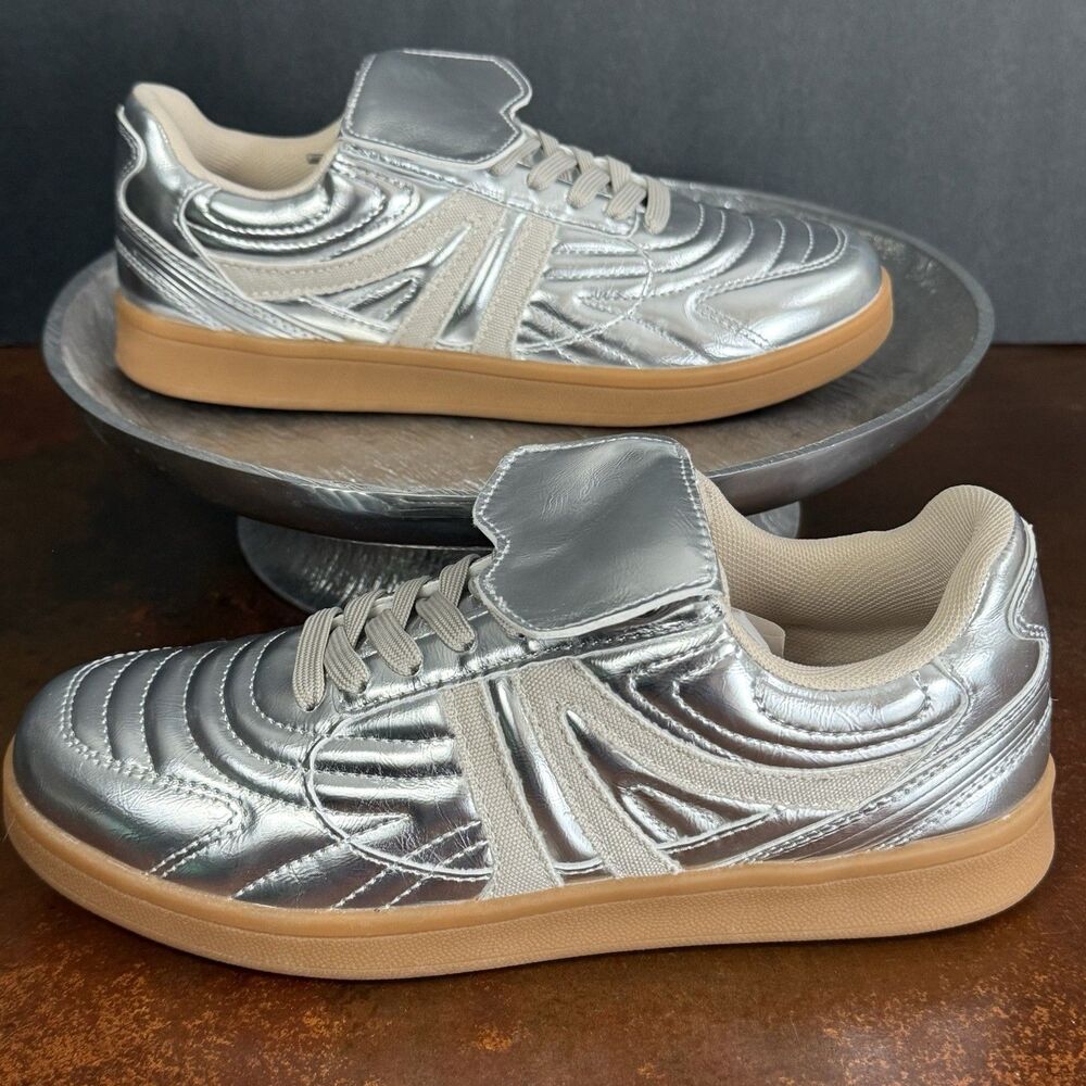 Streatwear Edgy Steve Madden Women Madrid Silver Sneaker Size 6.5 Bujee Glam - Picture 10 of 13
